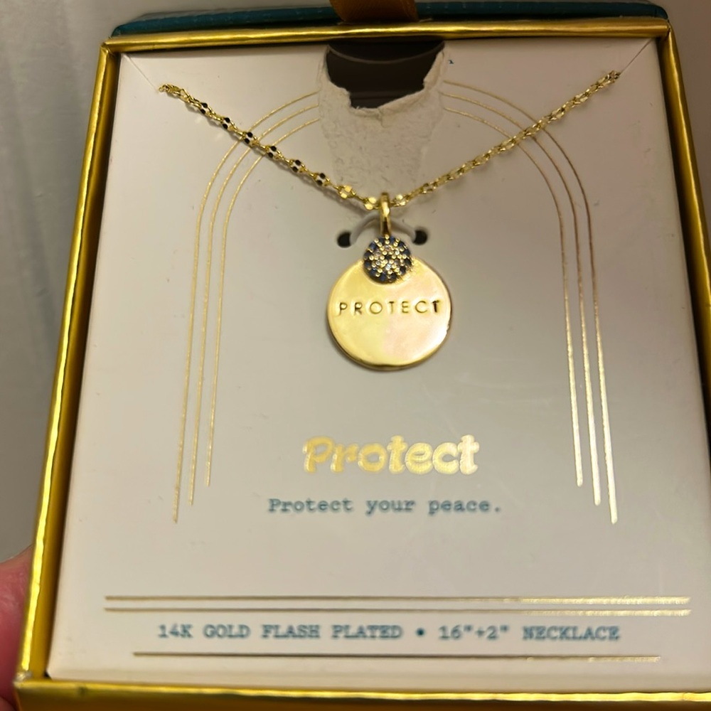 LA ROCKS Gold 14K flash plated 16 inch necklace with the word PROTECT, NIB